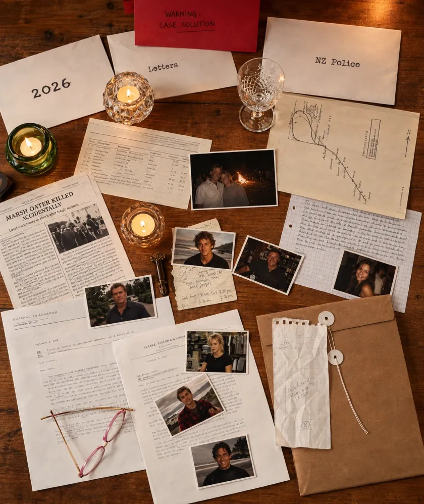 Case 001 spread across a table by candlelight: sealed envelopes marked 2026, Letters, NZ Police and Case Solution, photographs of the suspects, a newspaper clipping, handwritten notes and a hand-drawn map.